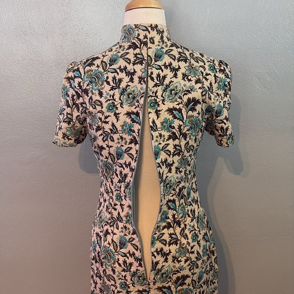 Helen Cherry Silk Dress Blue Brown Floral Side Slit Size 12(actual 8) - Picture 8 of 13